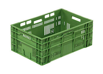 Műanyag dobozok gyümölcsök és zöldségek számára 600 x 400 x 240 mm - Perforált műanyag tartály gyümölcsök és zöldségek tárolására, 46 literes űrtartalommal.