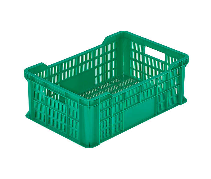 Műanyag dobozok gyümölcsök és zöldségek számára 600 x 400 x 220 mm - Euro Norm perforált tartályok - ideális megoldás gyümölcsök és zöldségek tárolására és szállítására - N-220-as modell